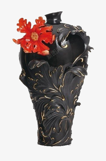陶瓷罐子png免抠素材_新图网 https://ixintu.com 中国陶瓷 工艺品 浮雕树叶 红色花朵 陶艺 黑色