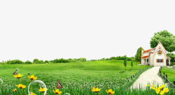 钻夊眿花丛草地小屋背景高清图片
