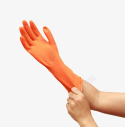 橙色手套用手去传带橙色塑胶手套高清图片