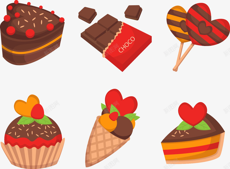 手绘6款甜品png免抠素材_新图网 https://ixintu.com 卡通 巧克力 慕斯蛋糕 手绘 棒棒糖 纸杯蛋糕