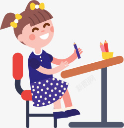 坐着铅笔开学季上课的小女孩高清图片