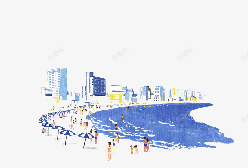 海滨城市手绘水彩画png免抠素材_新图网 https://ixintu.com 创意 平面 彩绘 手绘 旅游景点 景点 水彩画 海滨城市