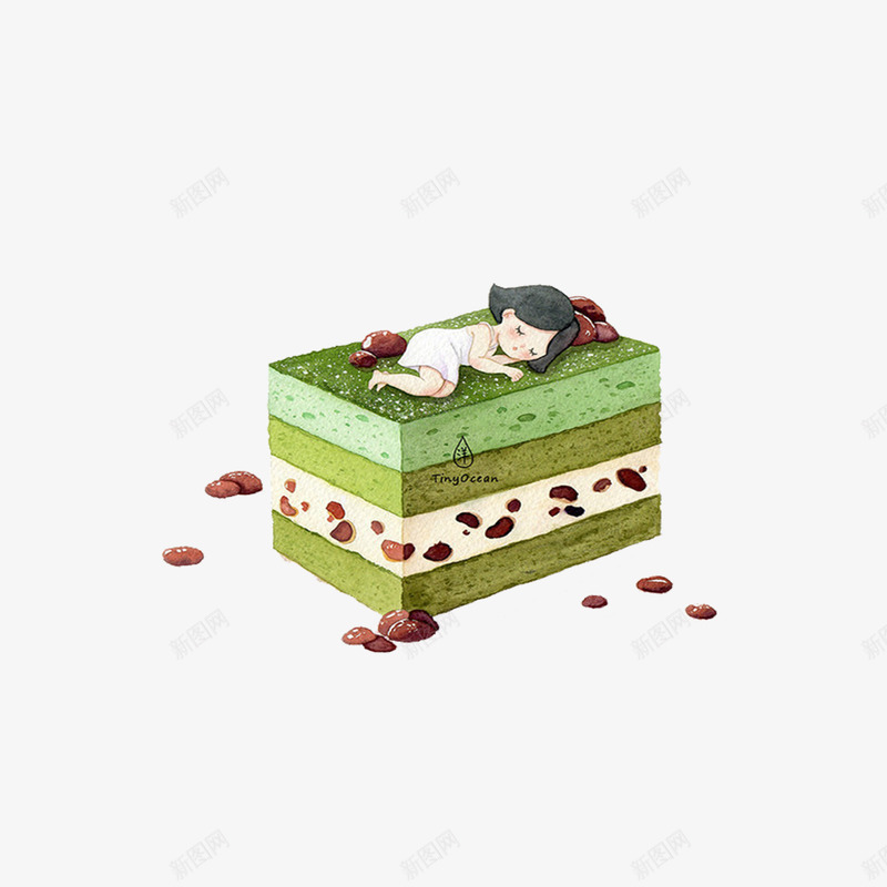 手绘抹茶蛋糕png免抠素材_新图网 https://ixintu.com 卡通 甜品 蛋糕