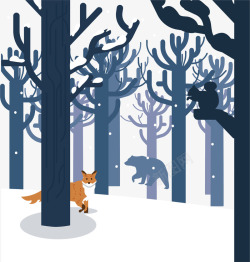 冬天下雪的森林动物矢量图素材