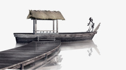 黑灰色基调中国风古船画高清图片