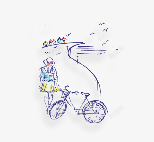 女孩和自行车素描画png免抠素材_新图网 https://ixintu.com 人物 大雁 女孩 背影 自行车 赏风景 风景