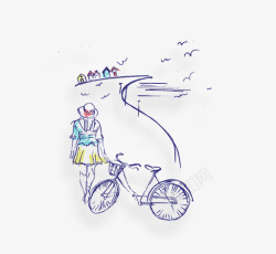 女孩和自行车素描画素材
