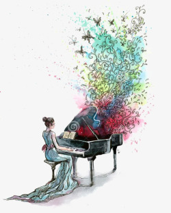 弹钢琴女子插画水墨钢琴高清图片