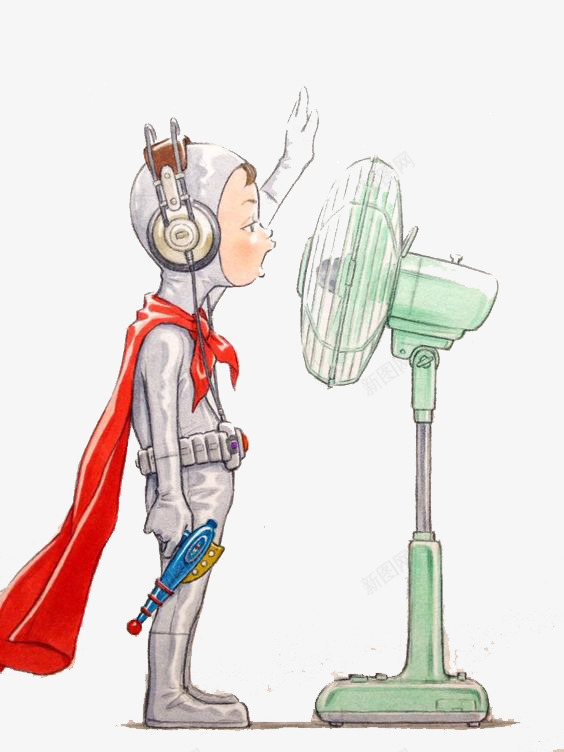 吹电风扇的小超人png免抠素材_新图网 https://ixintu.com 儿童插画 卡通 卡通元素 小超人 故事插画 电风扇