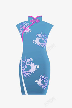 印花样式围巾蓝旗袍女裙高清图片