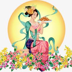 中秋节中秋节月亮上的鲜花美女素材