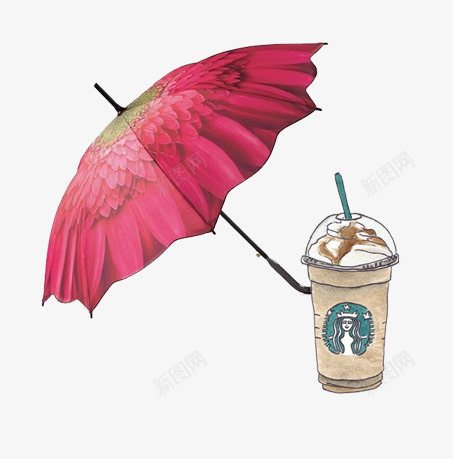 手绘插画png免抠素材_新图网 https://ixintu.com 咖啡 手绘 插画 星巴克 雨伞
