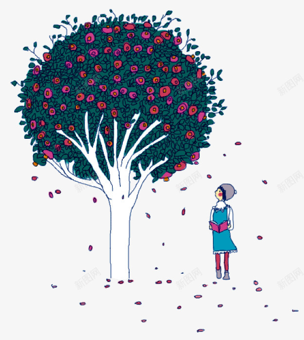 漫画开满花的树png免抠素材_新图网 https://ixintu.com 大树 大树漫画版 少女 漫画 花朵