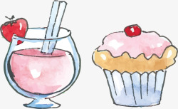 粉色果汁手绘水彩蛋糕果汁矢量图高清图片