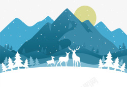 白色驯鹿美丽下雪的山林矢量图高清图片
