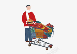 购物车年货手绘买年货的人插画元素高清图片