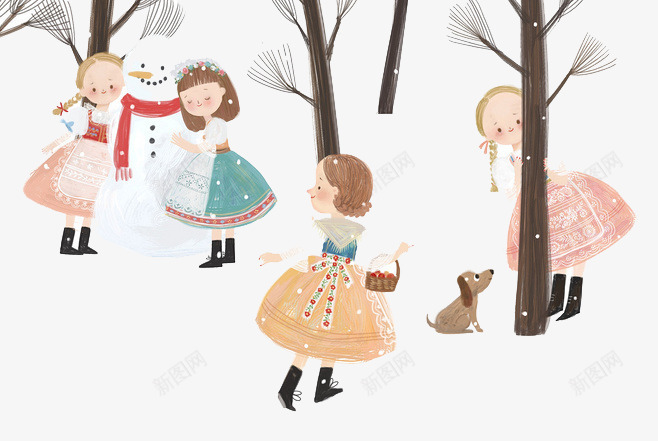 手绘堆雪人的小孩png免抠素材_新图网 https://ixintu.com 下雪 堆雪人 嬉闹 小孩子 树林 玩耍