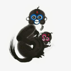 国画儿童水墨画两只开心的猴子插画高清图片