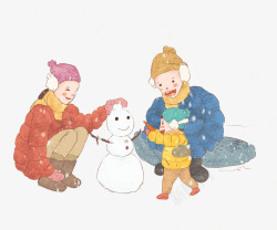 雪人家庭手绘水彩人物插图一家人堆雪人插高清图片