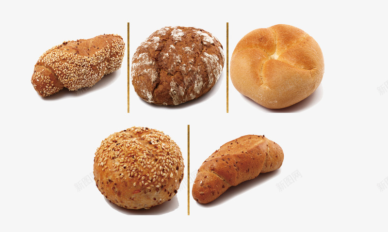 五种面包png免抠素材_新图网 https://ixintu.com 宋米面包 条形面包 花生碎面包 雪花面包