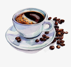 手绘水彩咖啡和咖啡豆素材