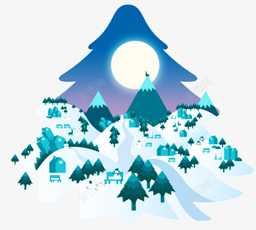 冬天的雪山png免抠素材_新图网 https://ixintu.com 山坡 月亮 树木 雪堆