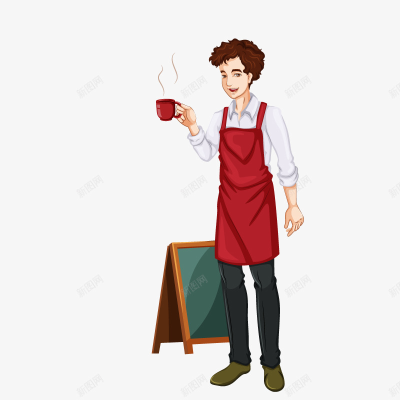 咖啡馆服务员png免抠素材_新图网 https://ixintu.com 一个 咖啡 男服务员 画板 白色 红色 绿色