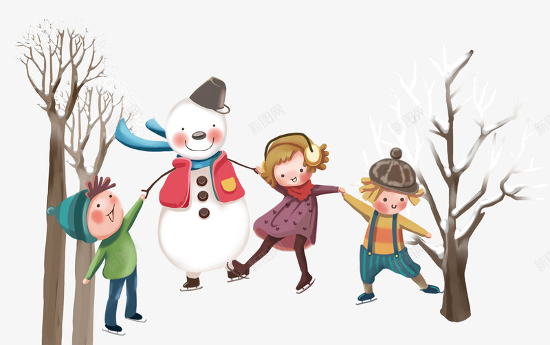 玩耍的小孩psd免抠素材_新图网 https://ixintu.com 下雪 做游戏 儿童 冬天 卡通 小孩 树木 玩耍 雪人