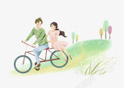 骑单车的情侣背景情侣骑单车踏青插画高清图片