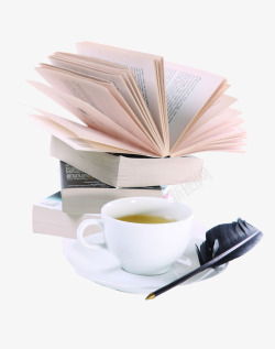 叠加的书咖啡杯和打开的书高清图片