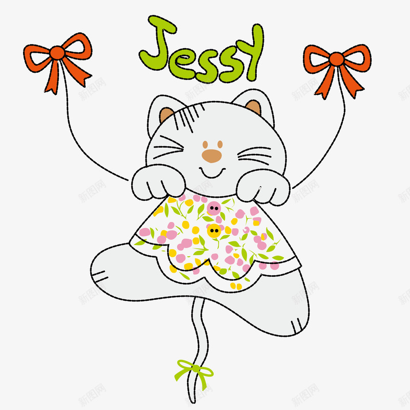 卡通白色小猫png免抠素材_新图网 https://ixintu.com jessy 动物 卡通 小猫 白色 碎花裙子 红色 绿色字母 蝴蝶结