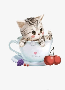 手绘茶杯器具图案卡通萌猫高清图片