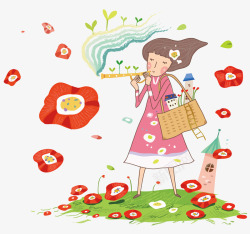 吹笛子的小女孩素材