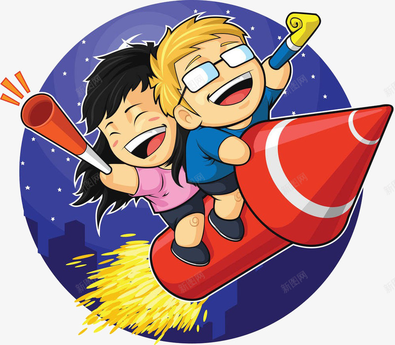 卡通火箭上的人png免抠素材_新图网 https://ixintu.com 卡通 女孩 火箭上的人 男孩