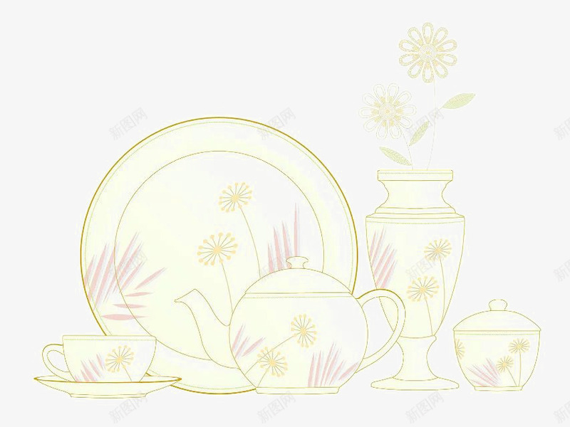 浅色的茶具和一瓶鲜花png免抠素材_新图网 https://ixintu.com 小花 花瓶 茶壶 茶杯