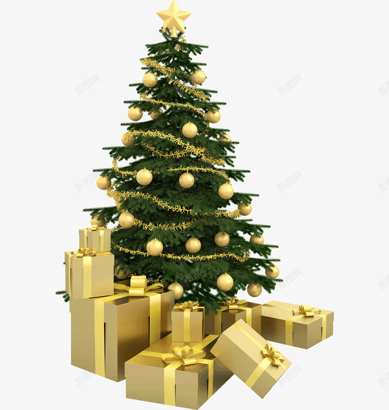 金色圣诞礼物圣诞树png免抠素材_新图网 https://ixintu.com 圣诞 圣诞树 礼物 金色