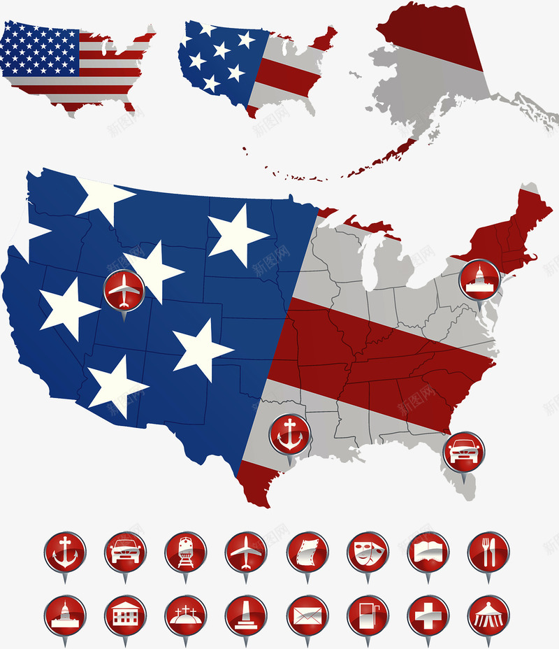 美国旅游地图png免抠素材_新图网 https://ixintu.com 北美地图 国旗元素 地点 机场 美国