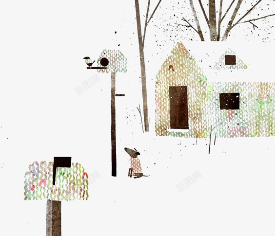 雪地里的房子png免抠素材_新图网 https://ixintu.com 信箱 冬天 卡通 小狗 房子 手绘 插画