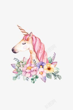 花卉独角兽免抠图像水彩粉色花卉独角兽图案高清图片