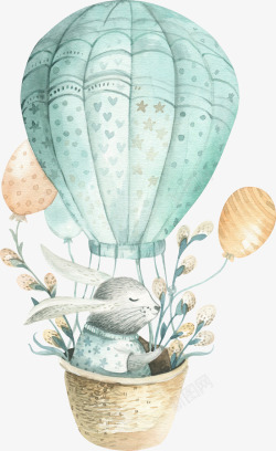绿色的热气球手绘可爱的兔子图高清图片