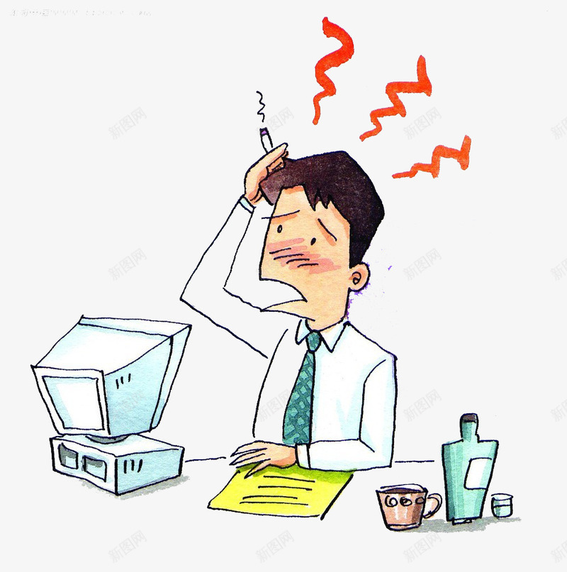 头痛的工作人员png免抠素材_新图网 https://ixintu.com 咖啡 头痛 头痛的人 手绘 烟头 电脑 男士 纸张 难受