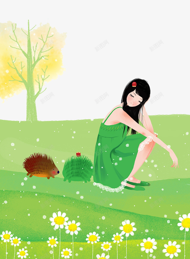清新装饰插画坐在草地上的女孩png免抠素材_新图网 https://ixintu.com 刺猬 坐在草地上 女孩 插画 清新 绿裙子 草地上的人 装饰