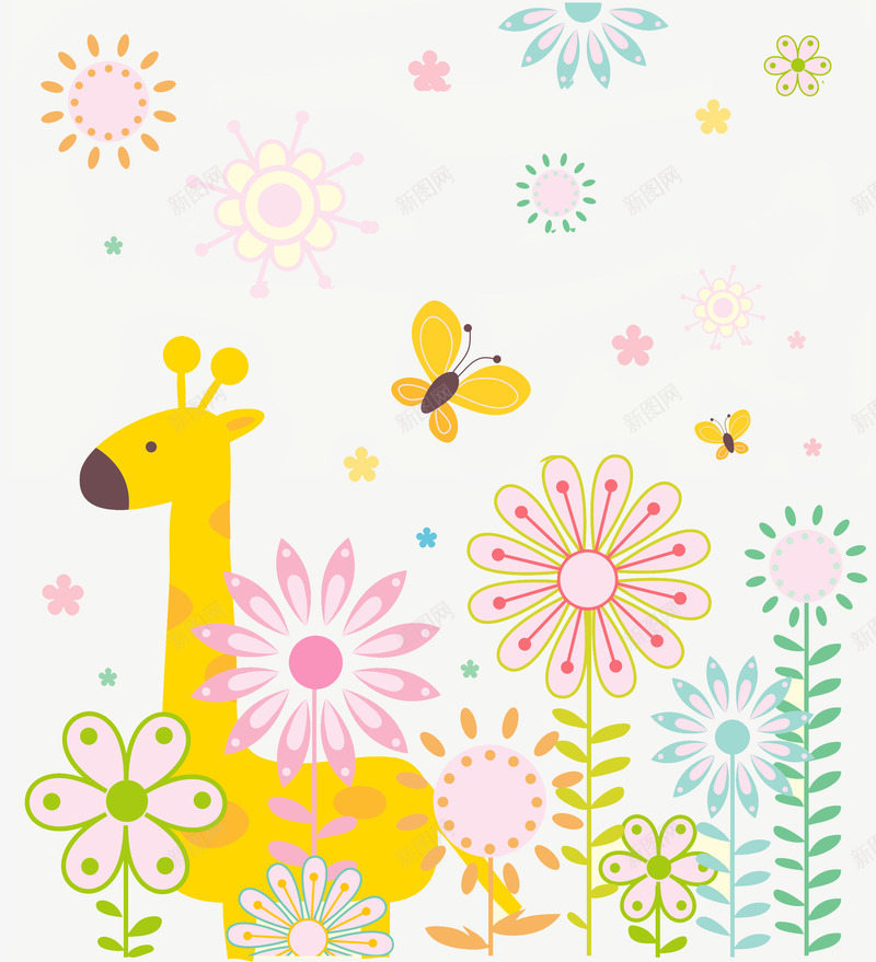可爱卡通长颈鹿背景png免抠素材_新图网 https://ixintu.com 卡通 可爱 浅色 背景 花朵 长颈鹿