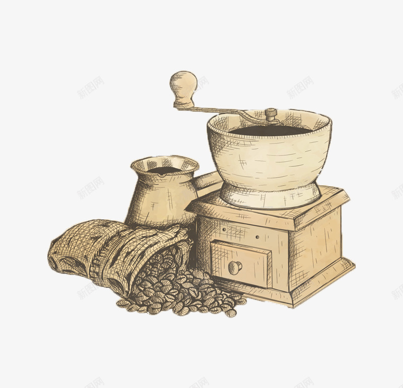 咖啡磨具手绘图png免抠素材_新图网 https://ixintu.com 咖啡 咖啡豆 手绘图 猫屎咖啡 磨具 米色系 麻袋