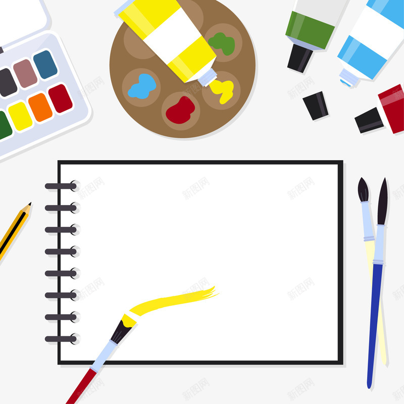 画画工具png免抠素材_新图网 https://ixintu.com 彩色颜料 涂鸦 画笔 白纸 素描本 颜料板