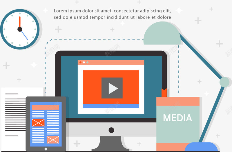 互联网媒体网站png免抠素材_新图网 https://ixintu.com 互联网 办公桌 台灯 媒体播放 播放器 电子设备 矢量素材