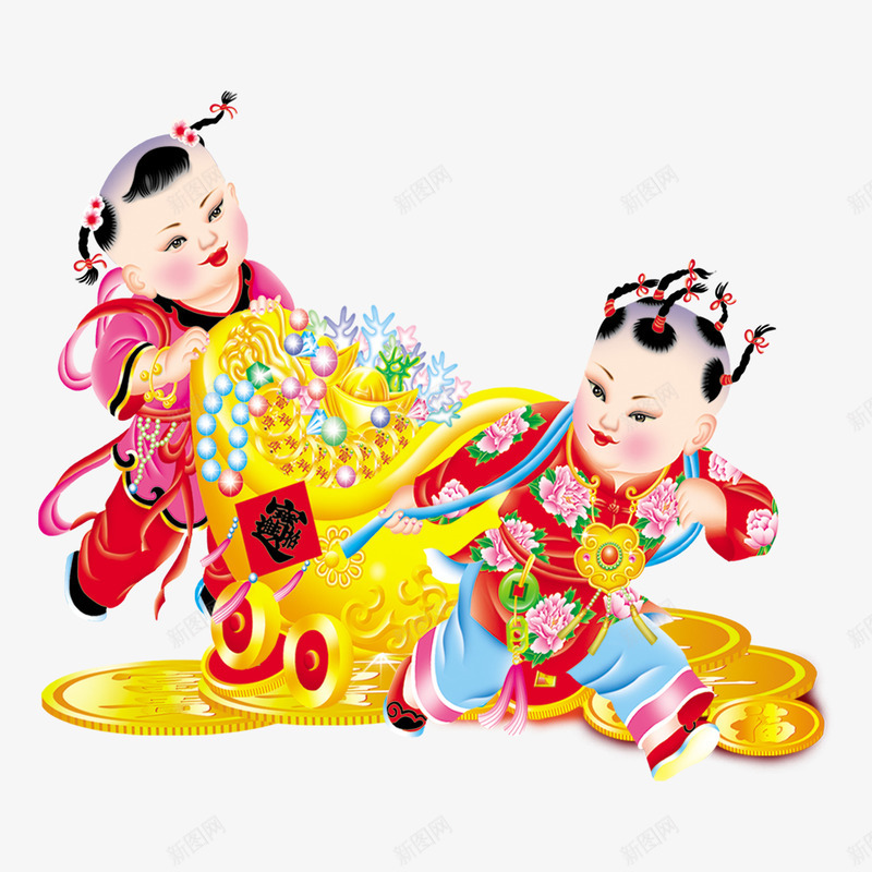 新年年画png免抠素材_新图网 https://ixintu.com 招财童子 金元宝 金银珠宝