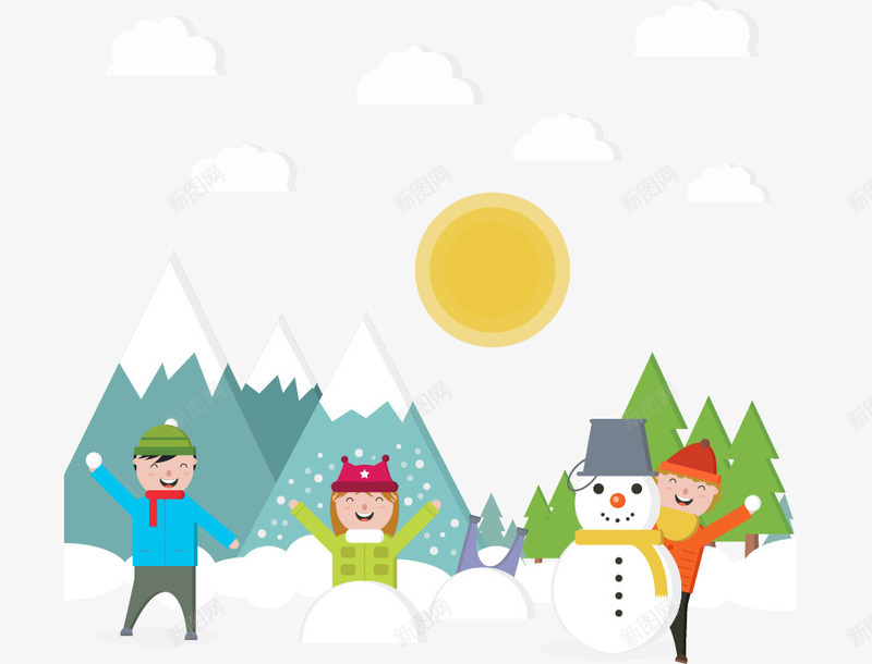 雪地玩耍的孩子png免抠素材_新图网 https://ixintu.com 冬天插画 堆雪人 开心的孩子 打雪仗 矢量素材