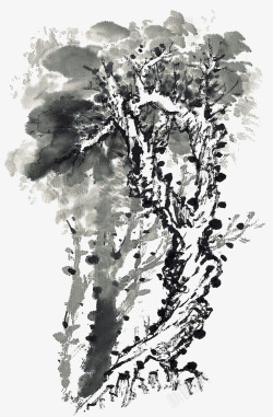 水墨树干手绘中国风古树水墨画高清图片