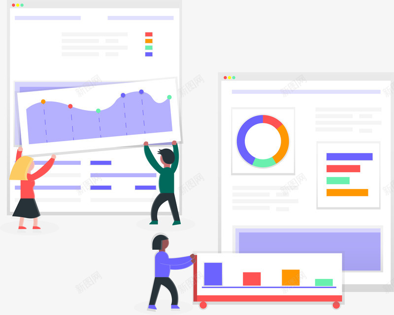 卡通版整理数据的人物png免抠素材_新图网 https://ixintu.com 卡通人物 卡通手绘 圆形图 彩色数据 数据 柱形图 装饰图
